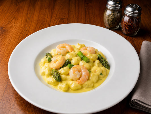 GNOCCHI CON ASPARAGI, GAMBERETTI E ZAFFERANO